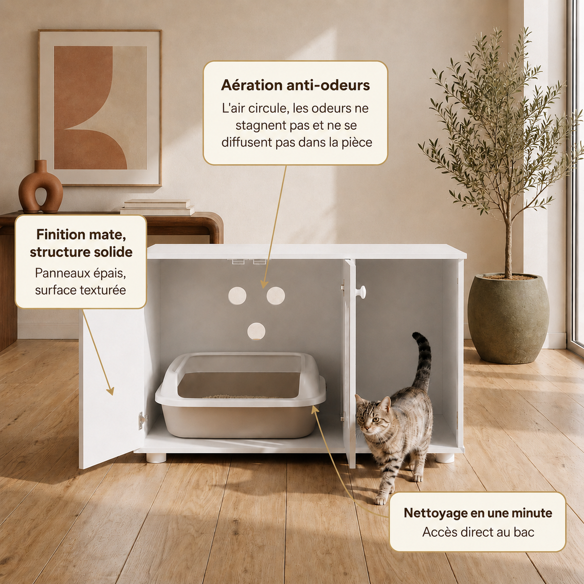 Meuble Cache-Litière Chat Fermé Design Blanc — Éclat