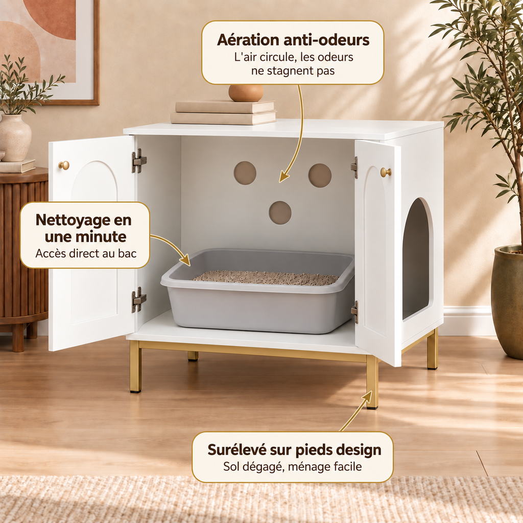 Meuble Cache-Litière Chat sur Pieds Compact — Perché