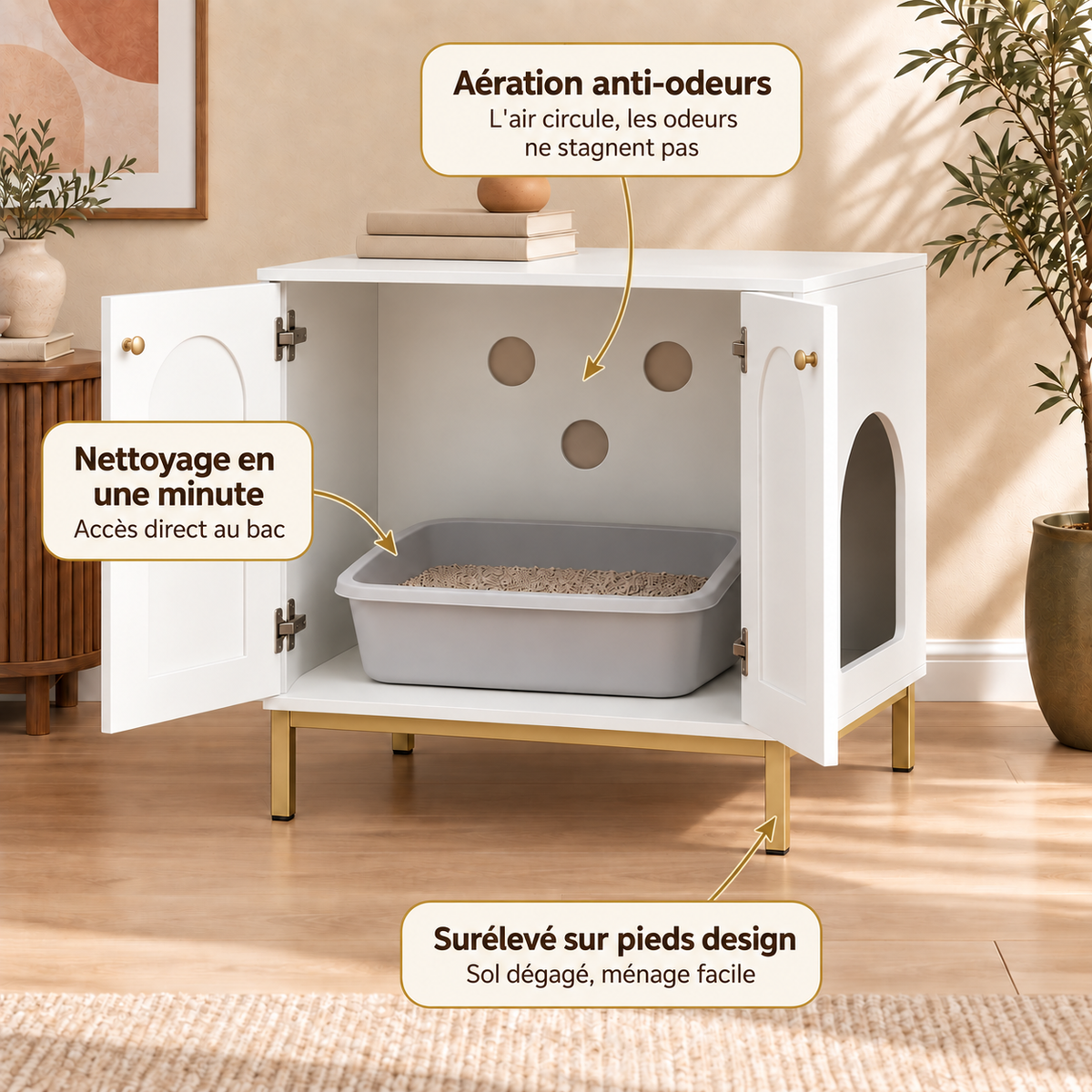 Meuble Cache-Litière Chat sur Pieds Compact — Perché