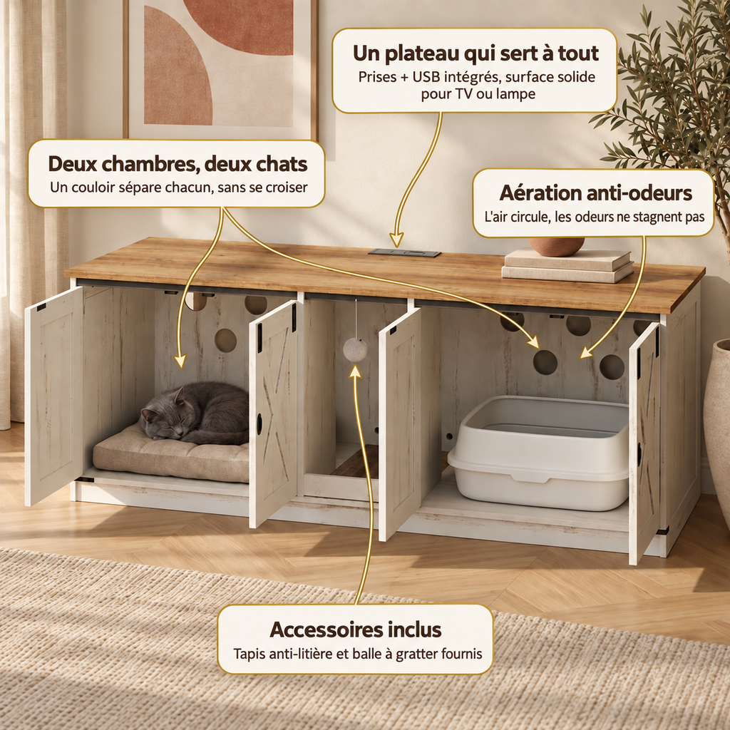 Meuble Litière Chat XXL Bois et Blanc Grand Format — Grange