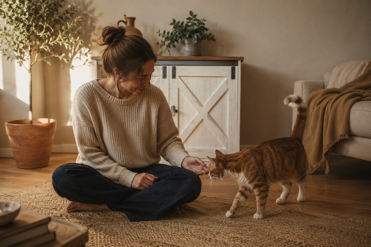 Intérieur calme avec meuble cache-litière pour chat