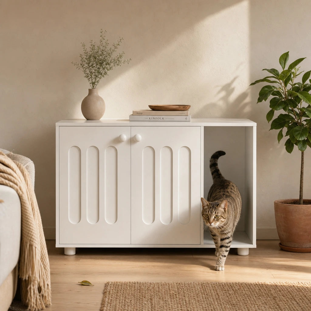 Meuble Cache-Litière Chat Fermé Design Blanc — Éclat
