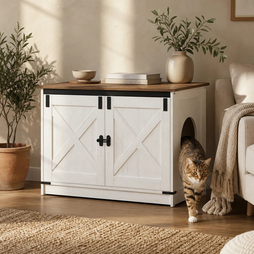 Meuble Cache-Litière Chat Bois et Blanc Cottage — Chalet