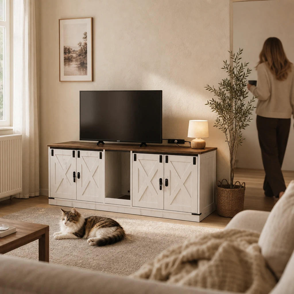 Meuble Litière Chat XXL Bois et Blanc Grand Format — Grange
